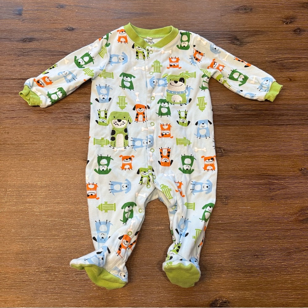 4/20$ Pekkle Puppy Dog Print Kids Footie Pajamas Footed Sleeper size 6 months